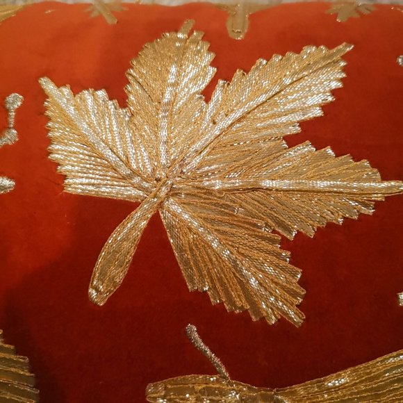 LILLIAN AUGUST Home Embroidered Gold leaves on rust velvet Bolster Pillow throw - Picture 3 of 4